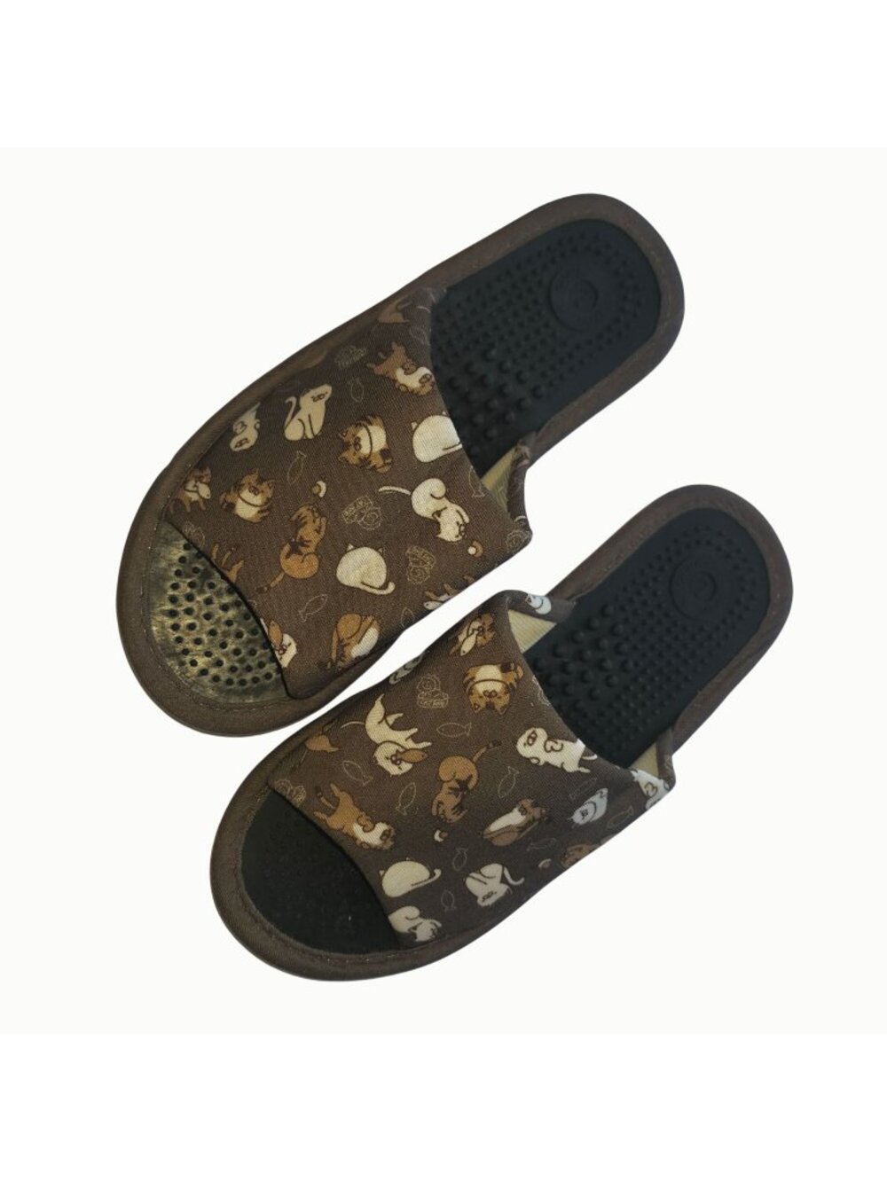 Cat Print House Slippers Women’s Size L Brown Open Toe Massage Footbed